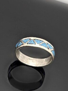 Vintage Turquoise Inlay Ring Sterling Silver Band Size 7.5 Geometric Mosaic Sout